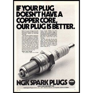 1974 NGK Spark Plugs Vintage Print Ad Copper Core Garage Man Cave Wall Art